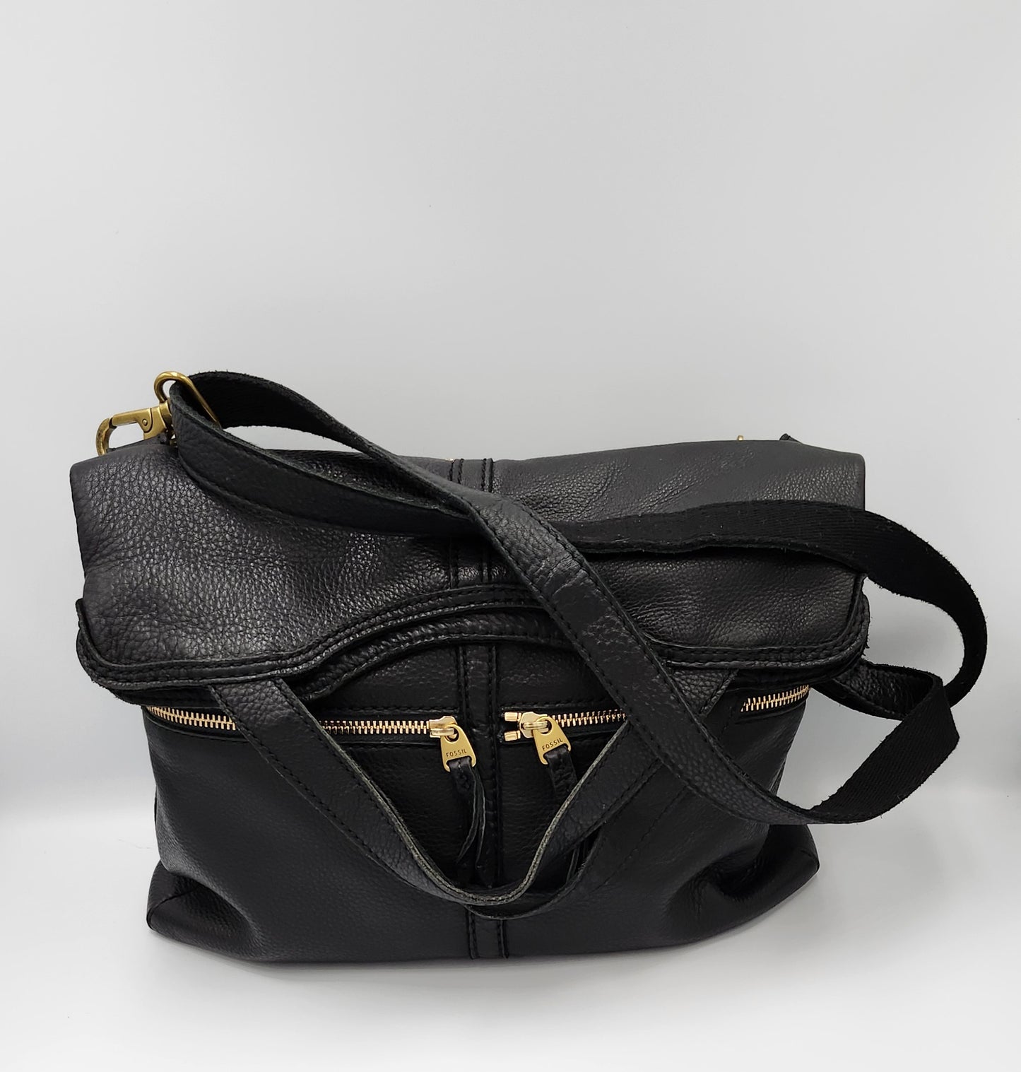 Fossil Leather Fold-Over Crossbody Black Bag